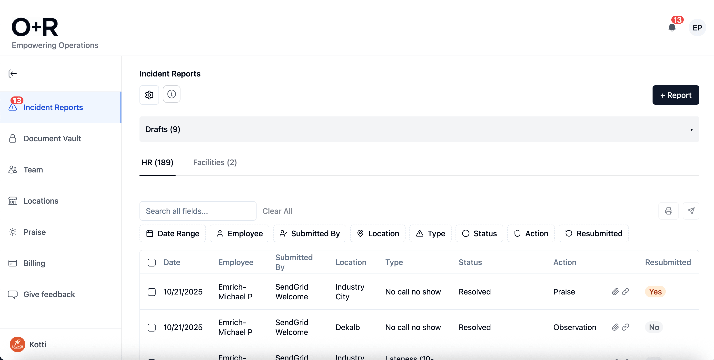 Open & Run incident reports dashboard